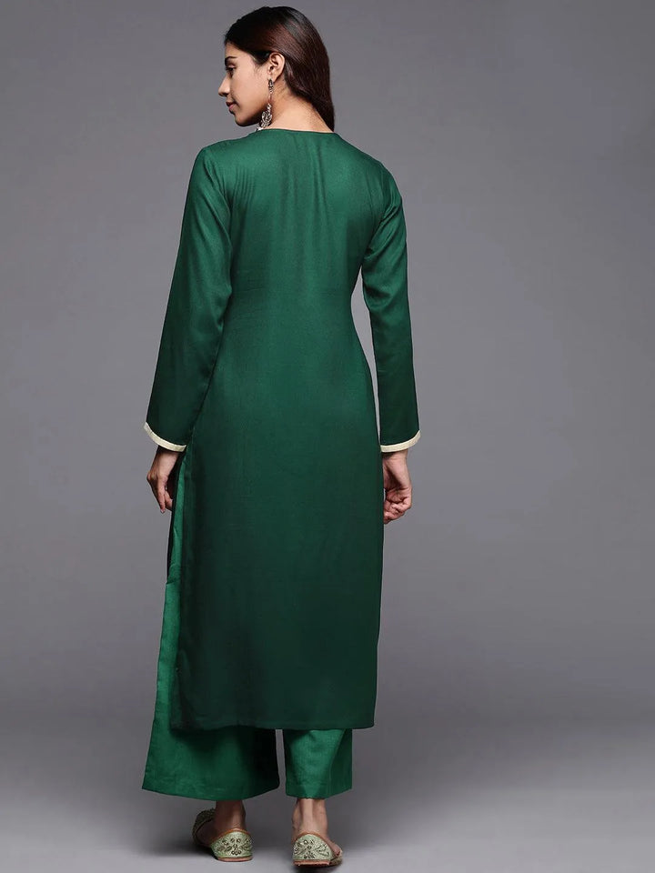 Green Embroidered Pashmina Wool Straight Kurta - Libas