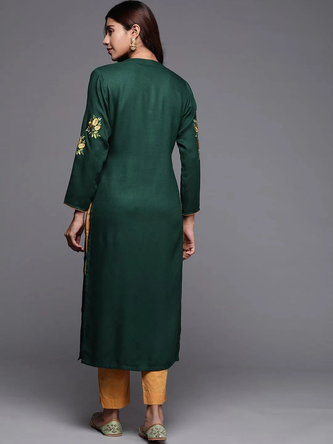 Green Embroidered Pashmina Wool Straight Kurta - Libas