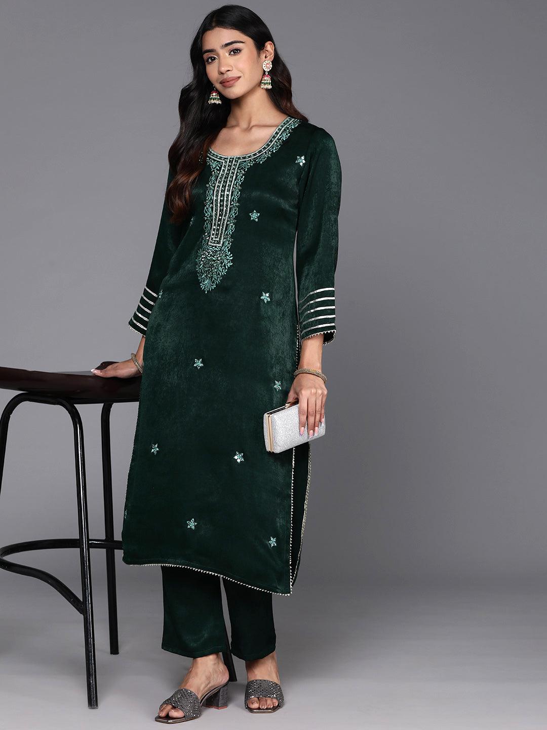 Green Embroidered Polyester Straight Kurta With Trousers - Libas