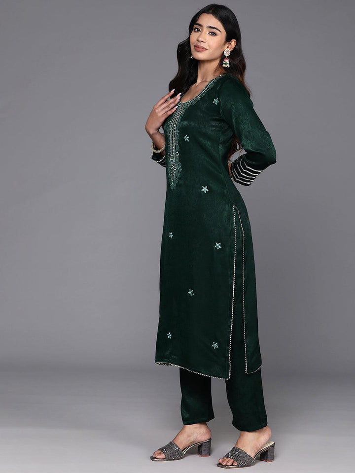 Green Embroidered Polyester Straight Kurta With Trousers - Libas