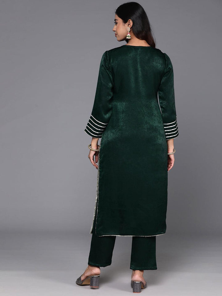 Green Embroidered Polyester Straight Kurta With Trousers - Libas