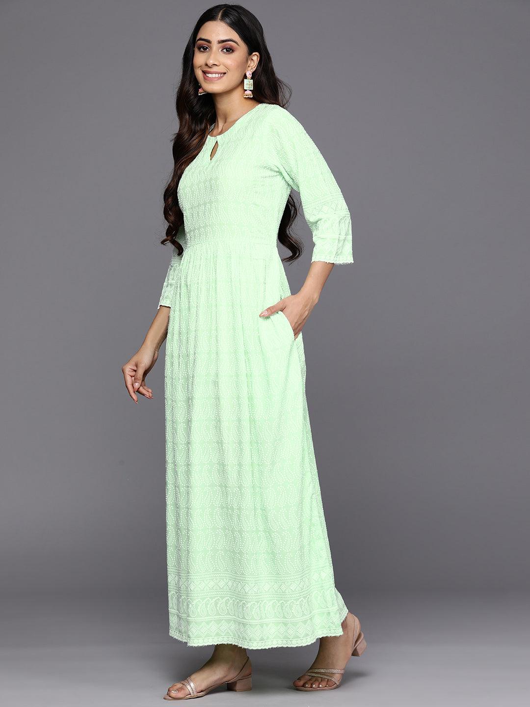 Green Embroidered Rayon Fit and Flare Dress - Libas 