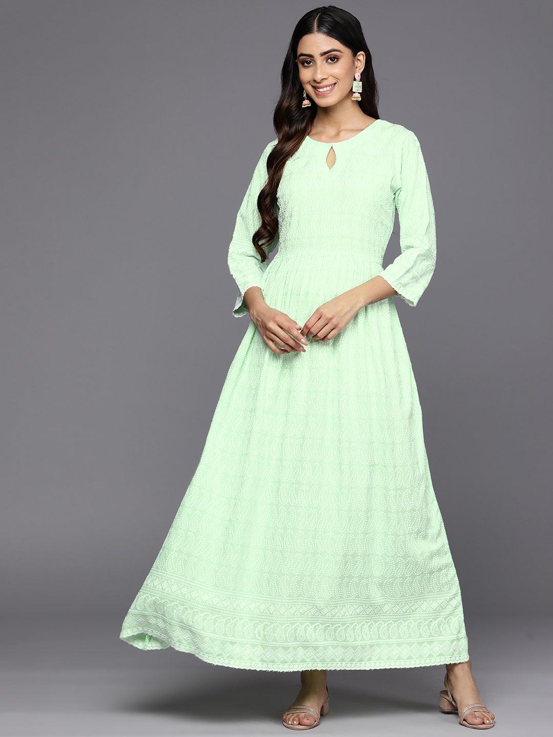 Green Embroidered Rayon Fit and Flare Dress - Libas 