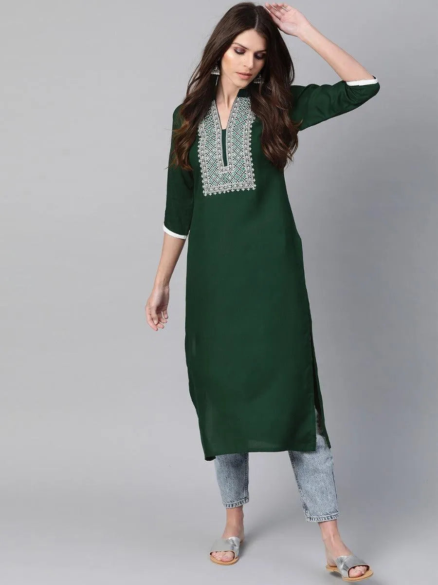 Green Embroidered Rayon Kurta - Libas