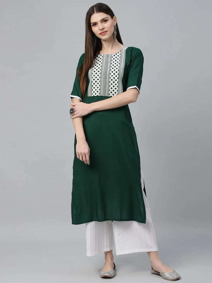 Green Embroidered Rayon Kurta - Libas