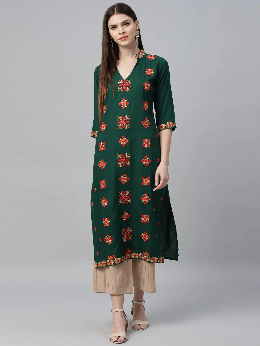 Green Embroidered Rayon Kurta - Libas 