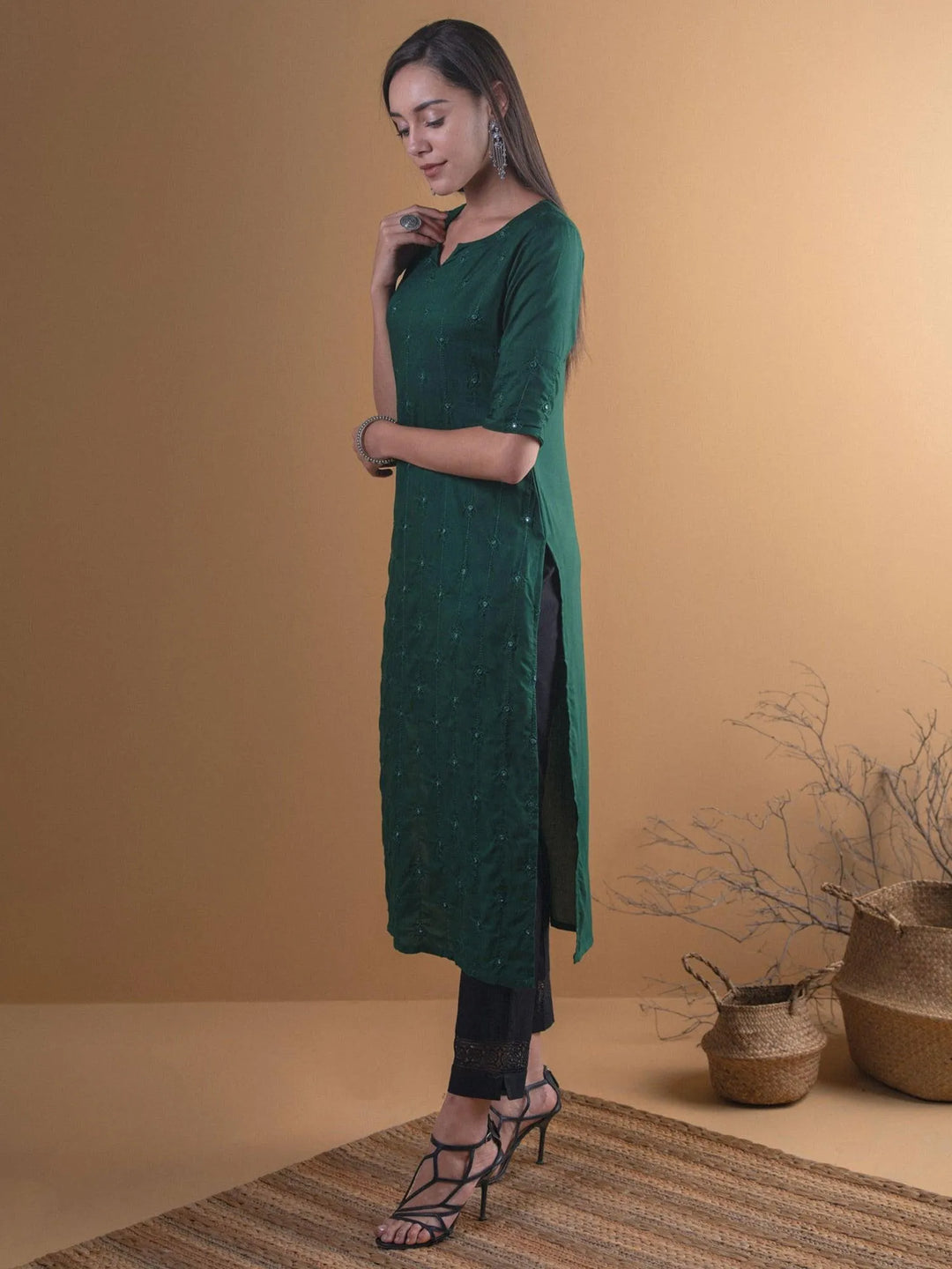 Green Embroidered Rayon Kurta - Libas 