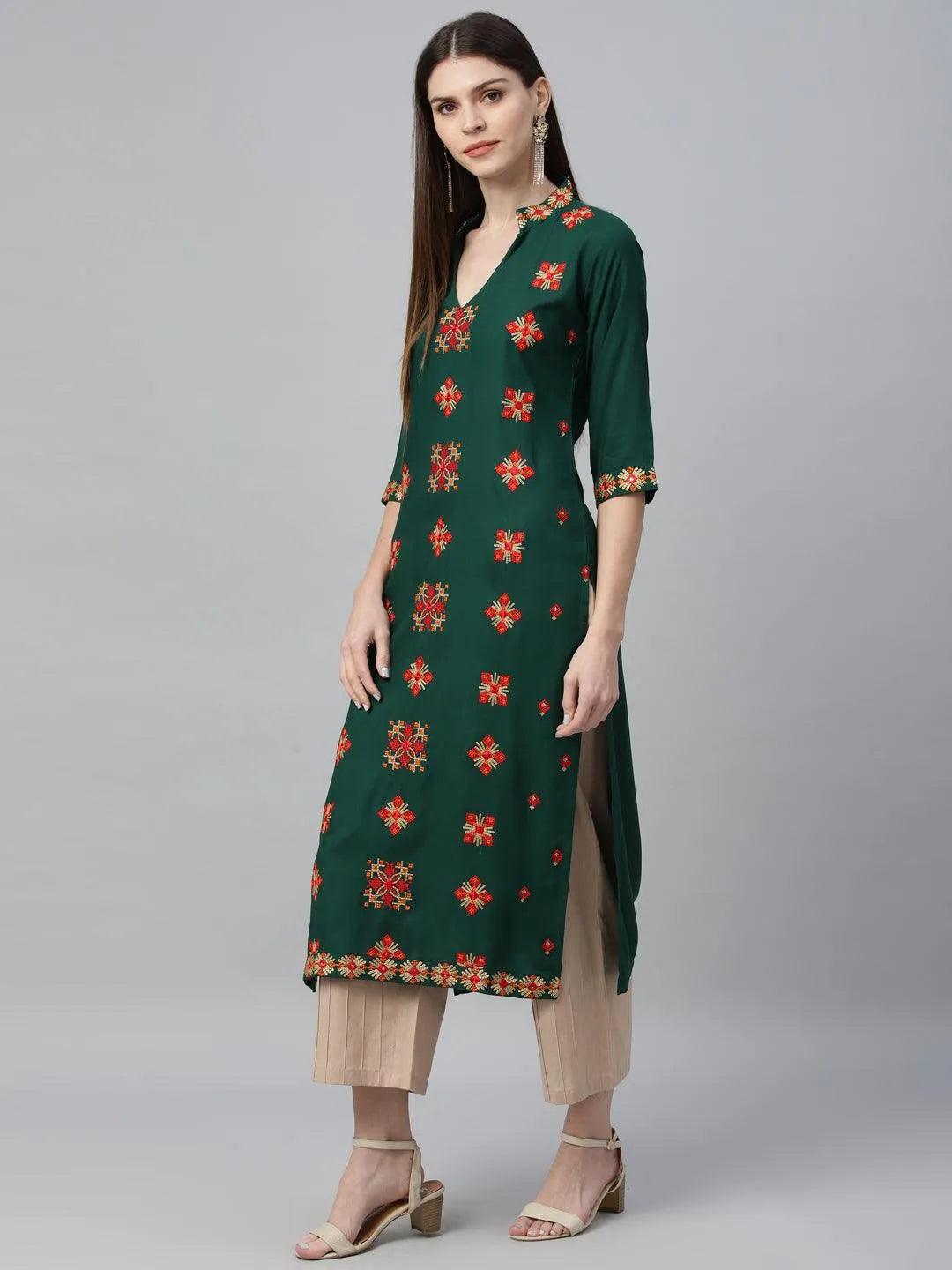 Green Embroidered Rayon Kurta - Libas