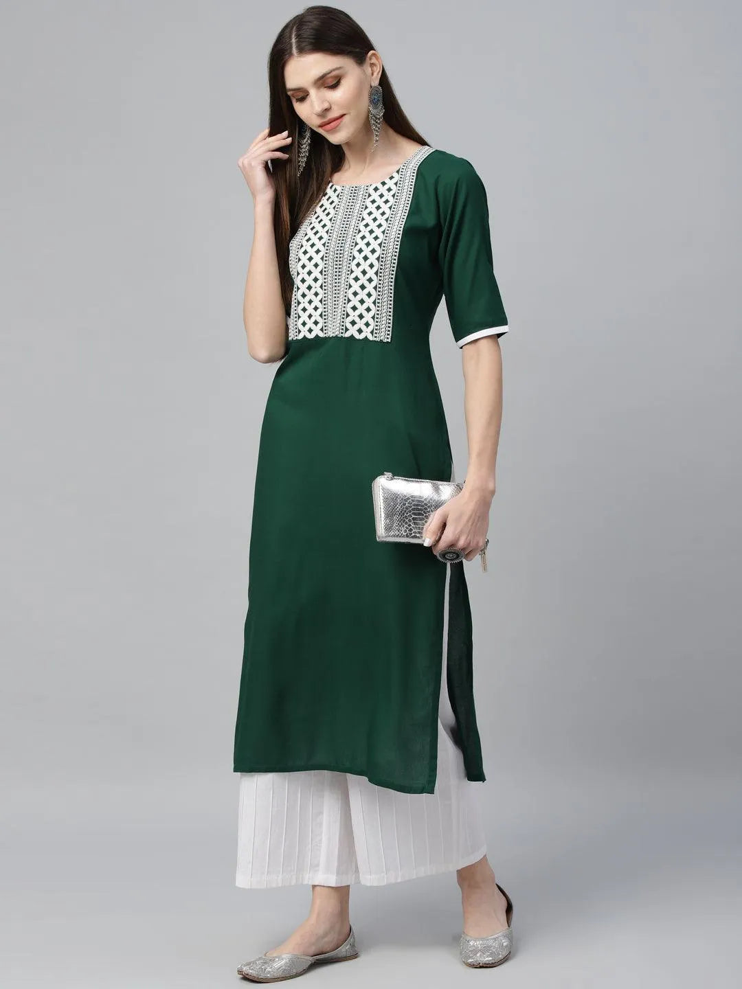 Green Embroidered Rayon Kurta - Libas