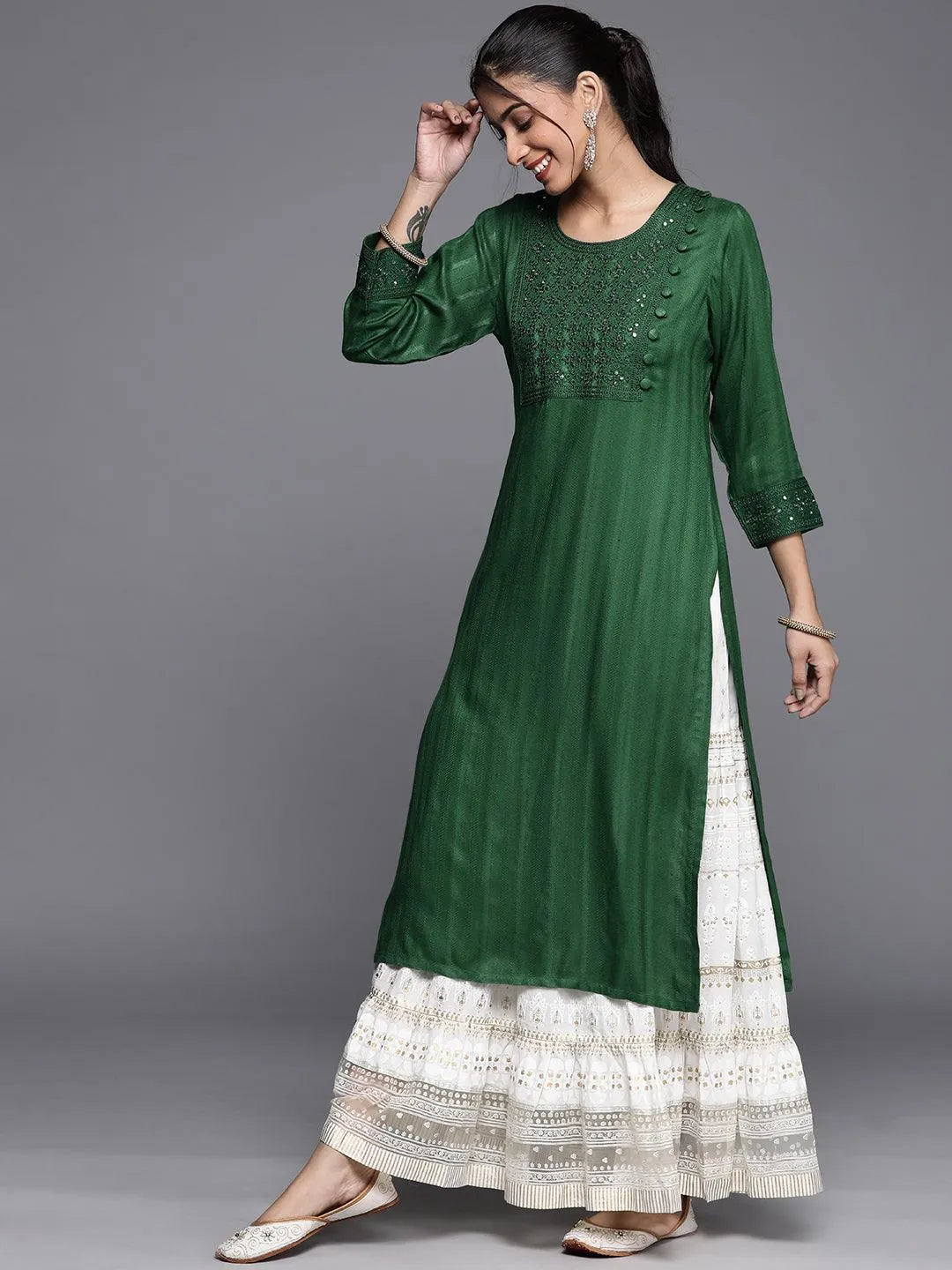 Green Embroidered Rayon Kurta - Libas