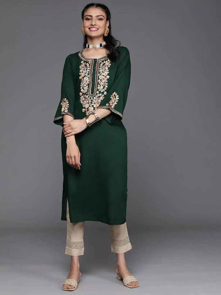 Green Embroidered Rayon Kurta - Libas