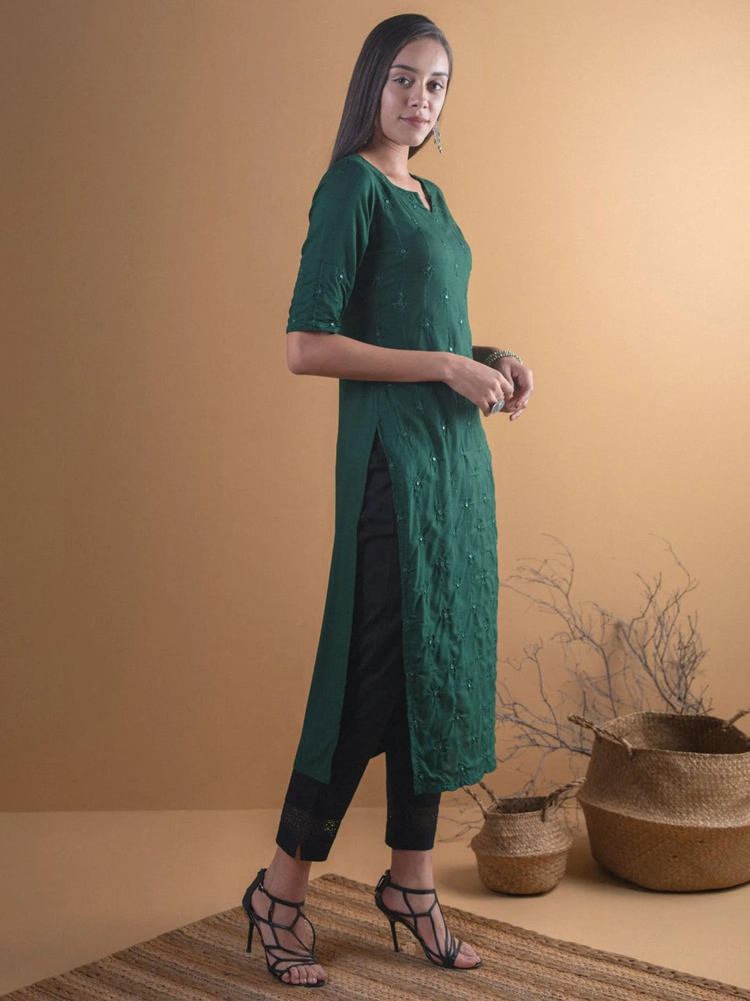 Green Embroidered Rayon Kurta - Libas 