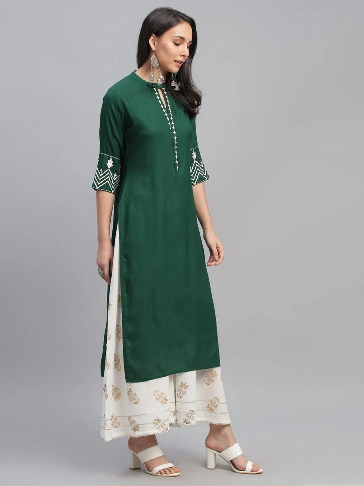 Green Embroidered Rayon Kurta - Libas