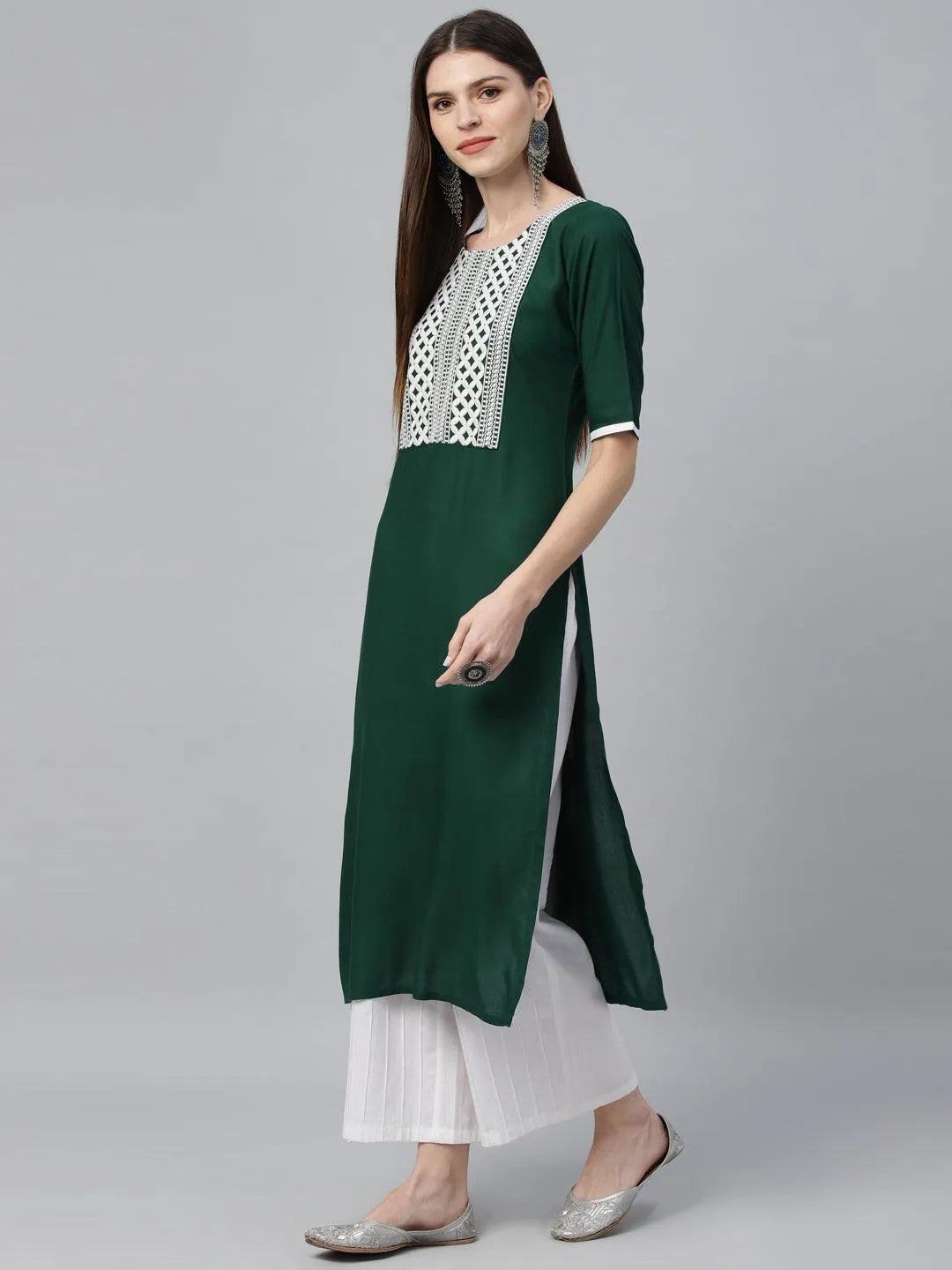 Green Embroidered Rayon Kurta - Libas