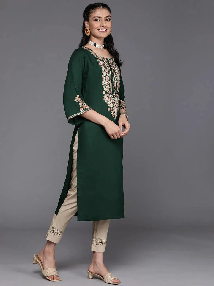 Green Embroidered Rayon Kurta - Libas