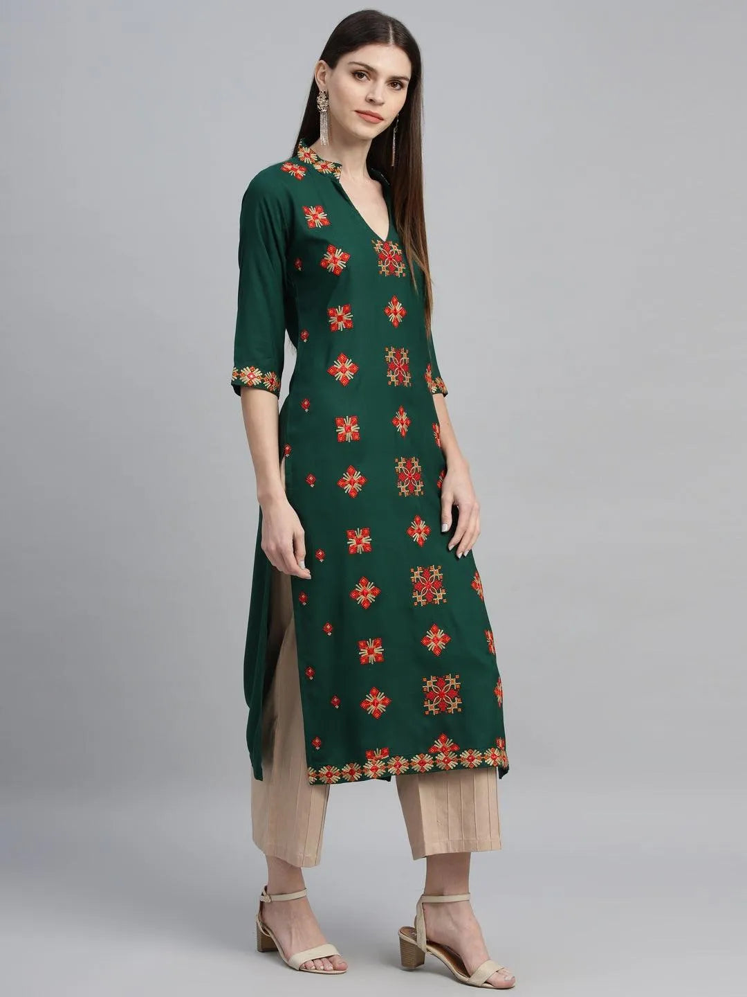 Green Embroidered Rayon Kurta - Libas