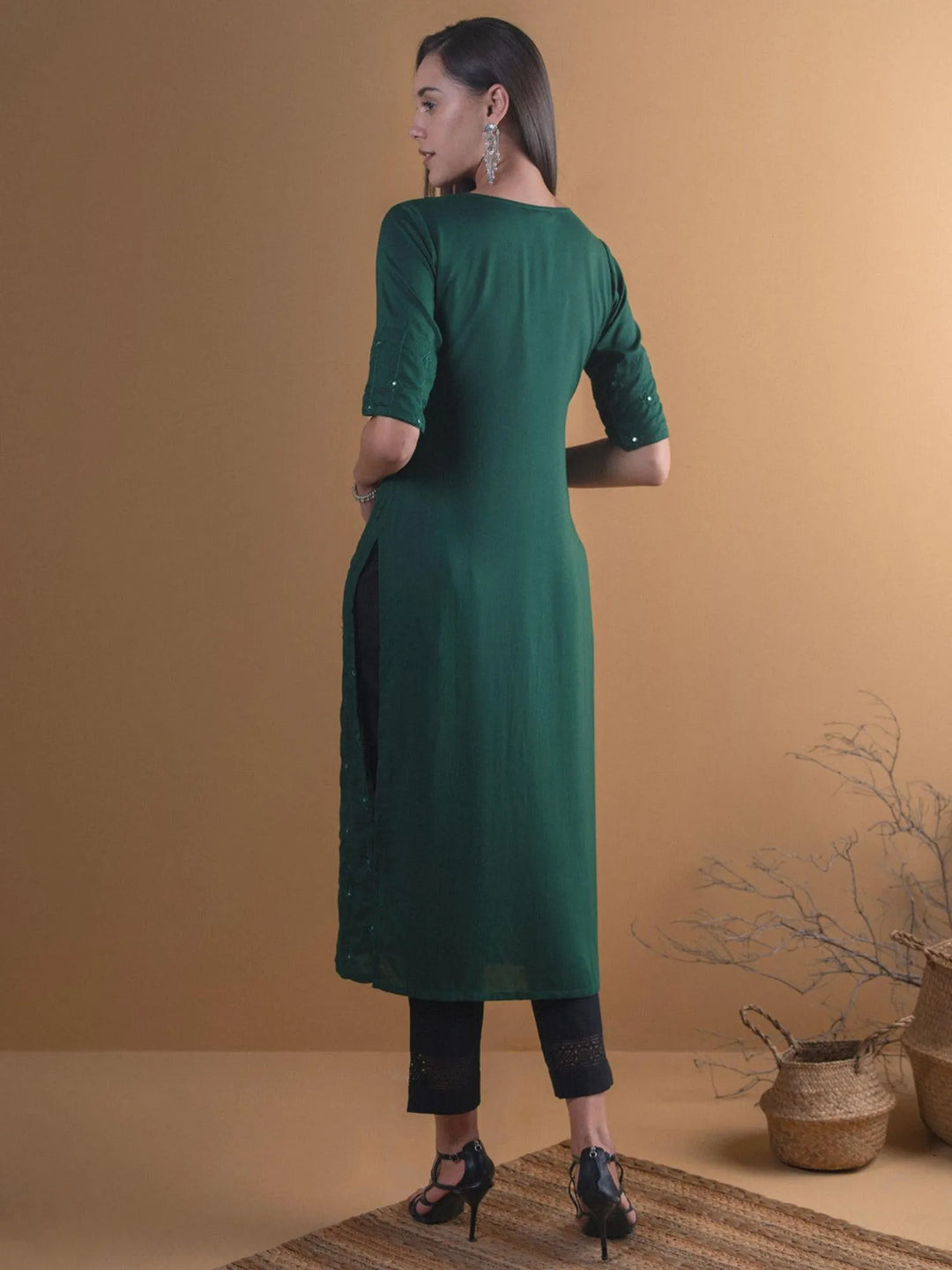 Green Embroidered Rayon Kurta - Libas 