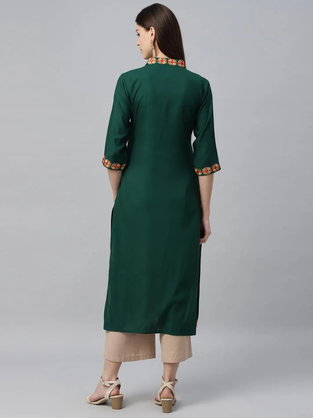 Green Embroidered Rayon Kurta - Libas 