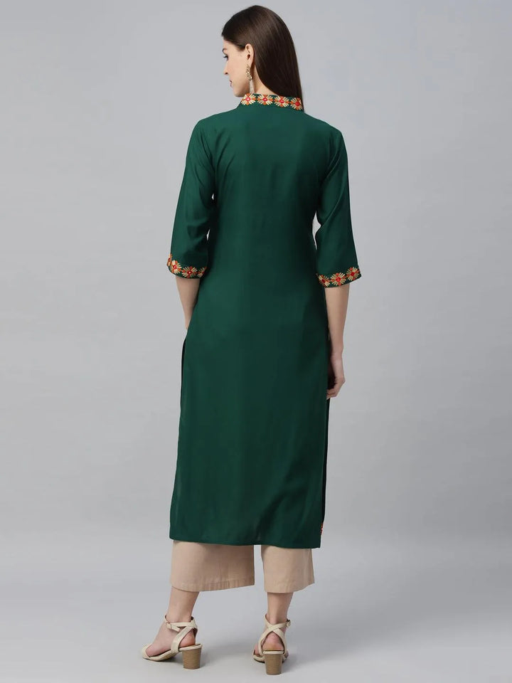 Green Embroidered Rayon Kurta - Libas