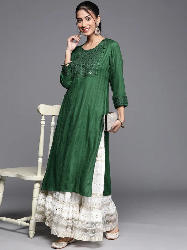 Green Embroidered Rayon Kurta - Libas