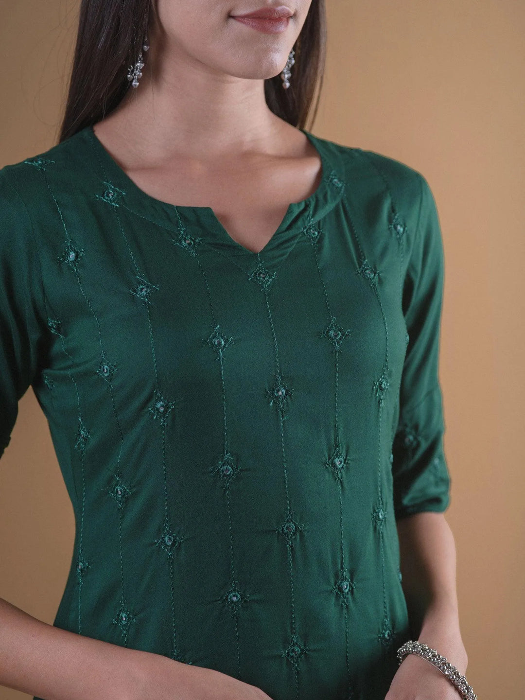 Green Embroidered Rayon Kurta - Libas 