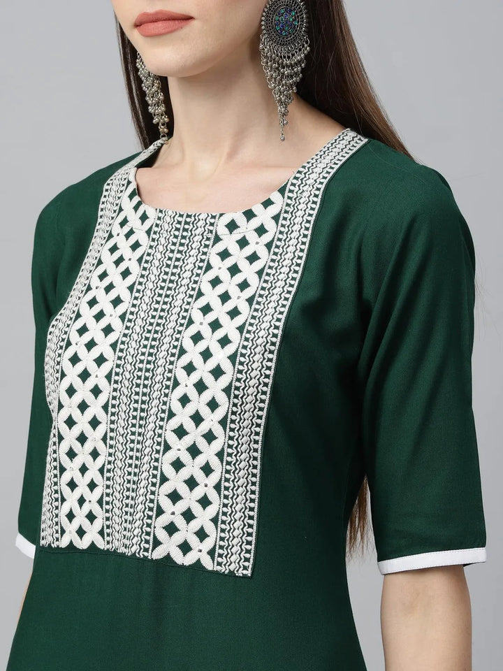 Green Embroidered Rayon Kurta - Libas