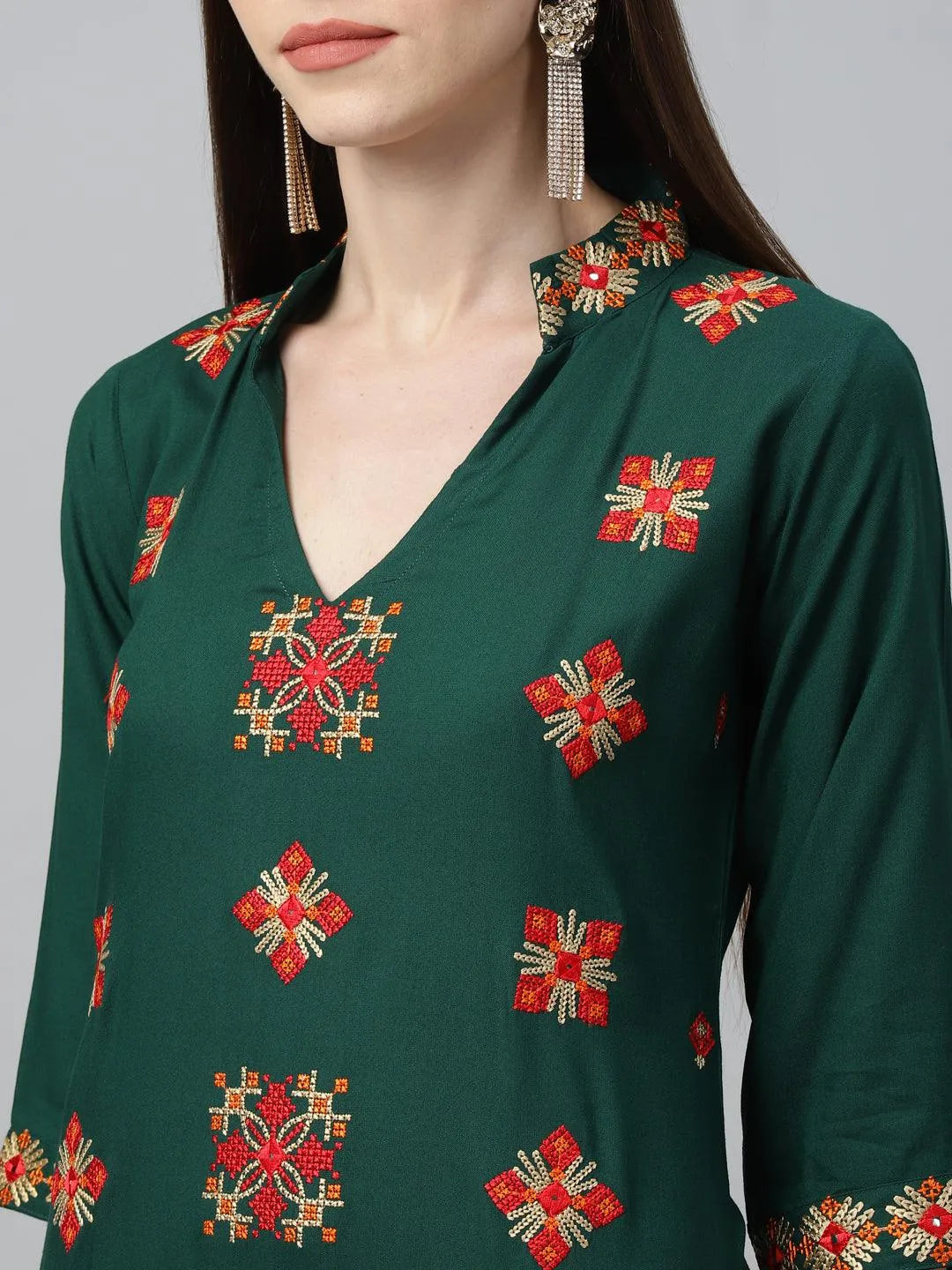 Green Embroidered Rayon Kurta - Libas 