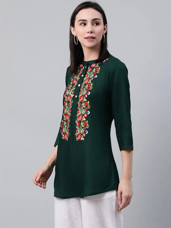 Green Embroidered Rayon Kurti - Libas