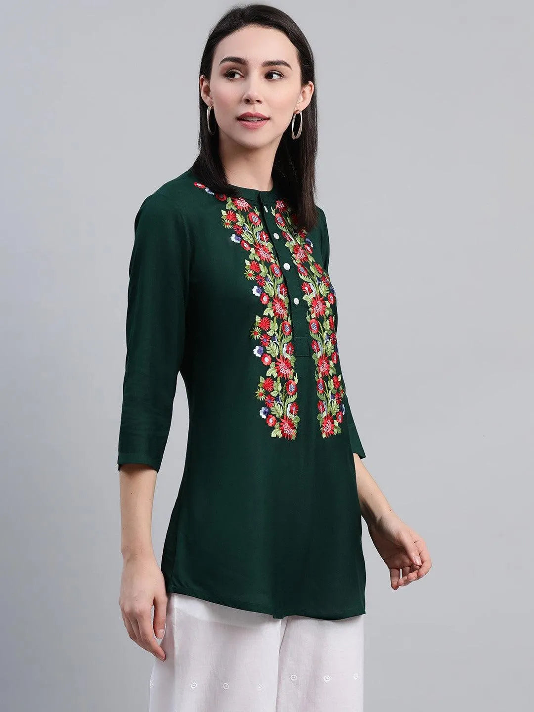 Green Embroidered Rayon Kurti - Libas