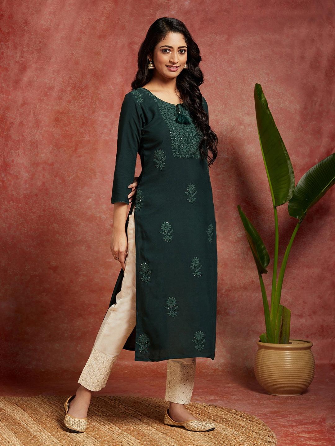 Green Embroidered Rayon Straight Kurta - Libas