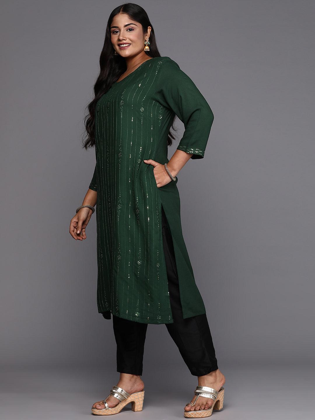 Green Embroidered Rayon Straight Kurta - Libas