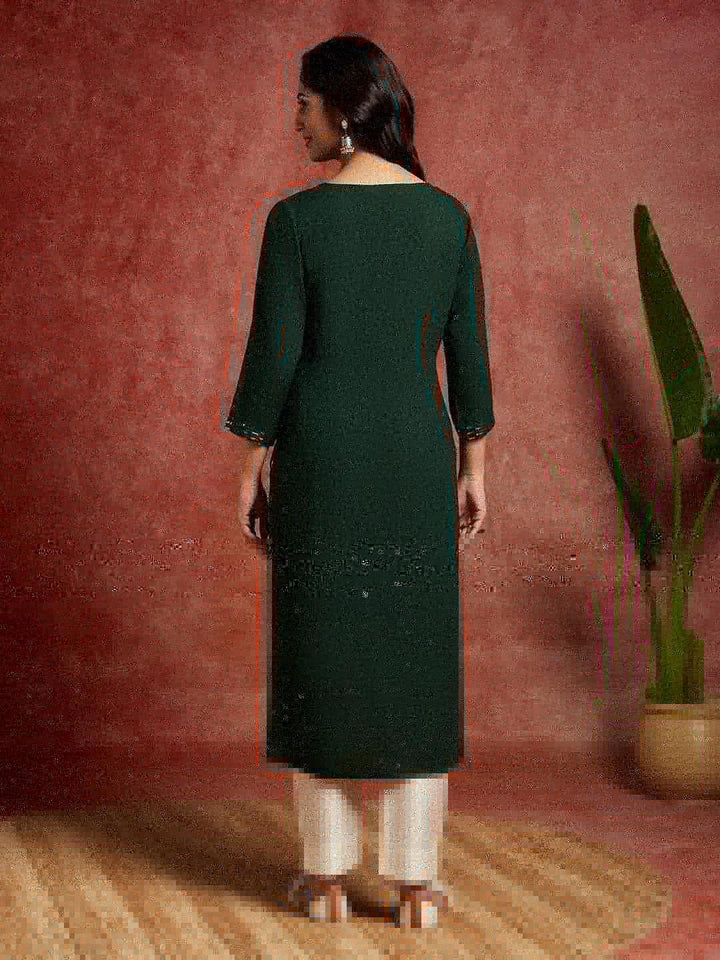 Green Embroidered Rayon Straight Kurta - Libas