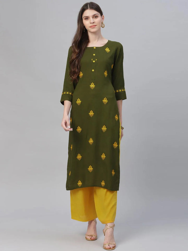 Green Embroidered Rayon Kurta Set - Libas