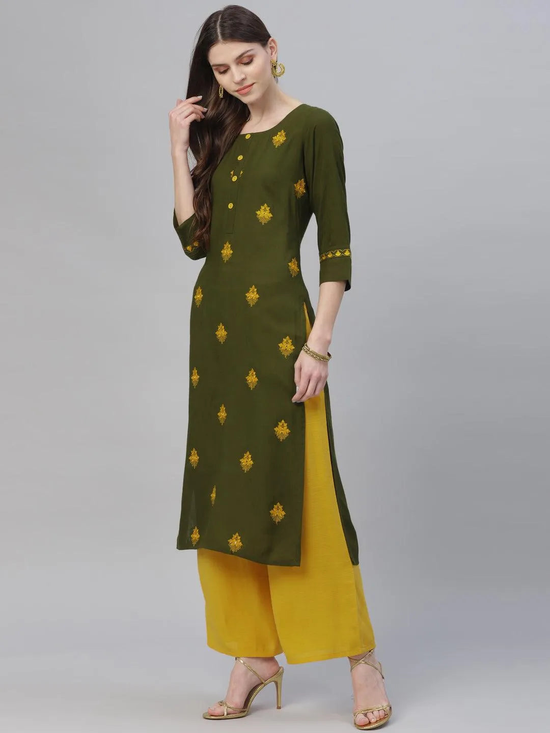 Green Embroidered Rayon Kurta Set - Libas