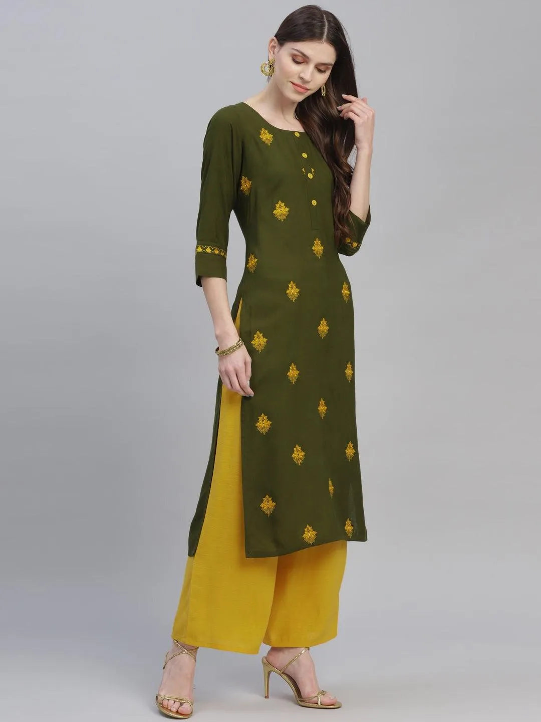 Green Embroidered Rayon Kurta Set - Libas