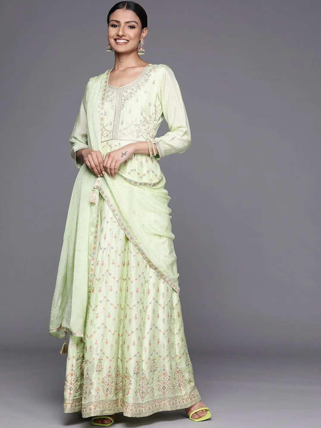 Green Embroidered Silk Anarkali Suit Set - Libas 