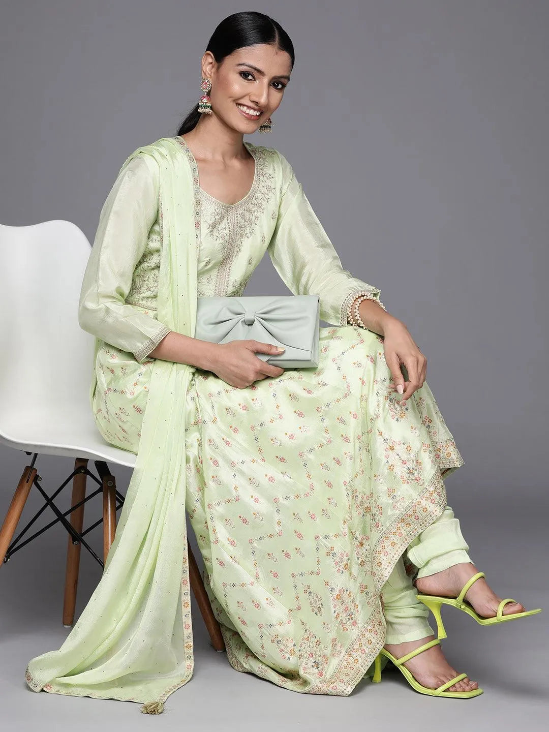 Green Embroidered Silk Anarkali Suit Set - Libas 