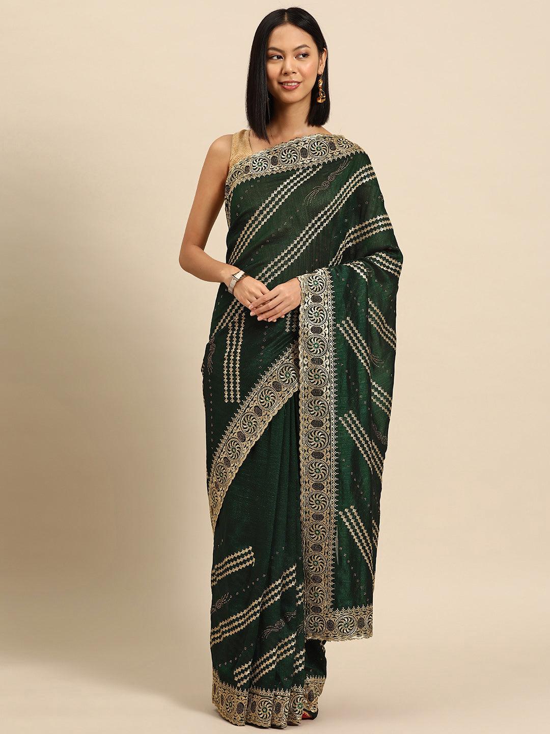 Green Embroidered Silk Blend Saree - Libas