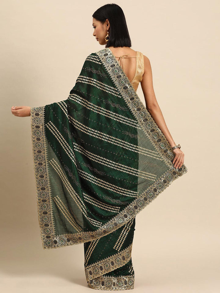 Green Embroidered Silk Blend Saree - Libas