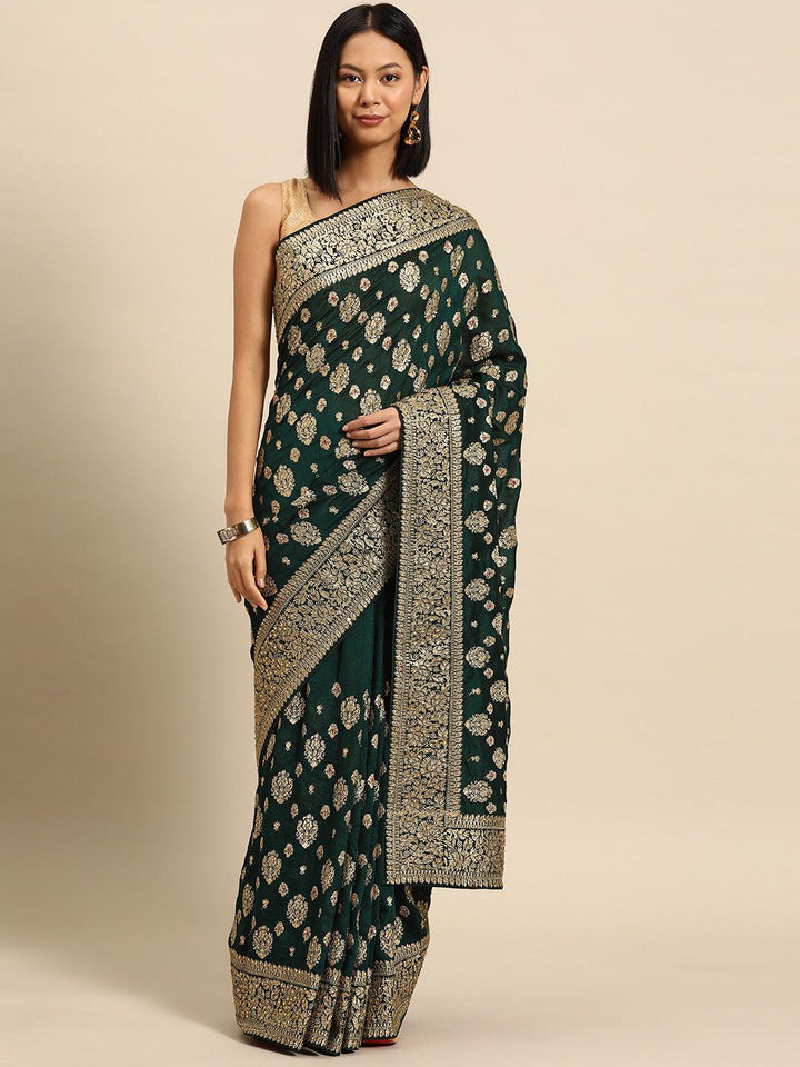 Green Embroidered Silk Blend Saree - Libas