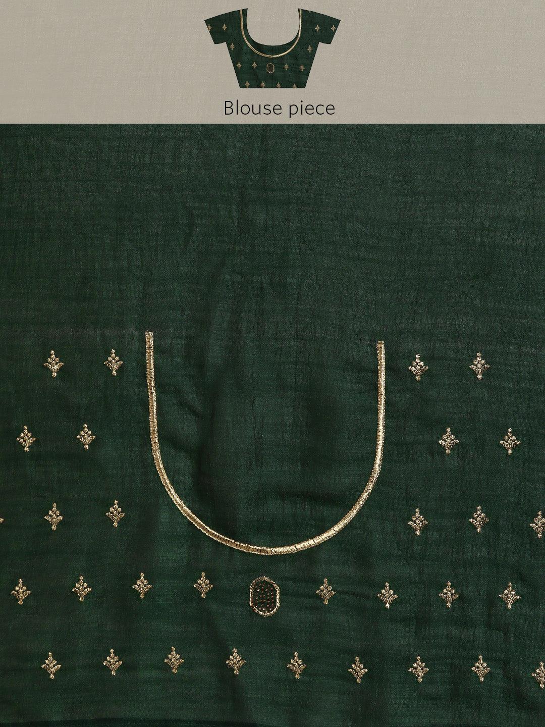 Green Embroidered Silk Blend Saree - Libas