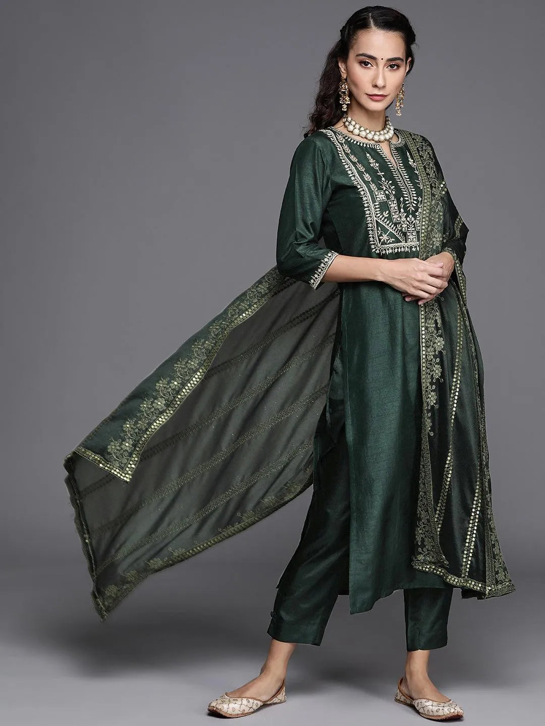 Green Embroidered Silk Blend Suit Set - Libas