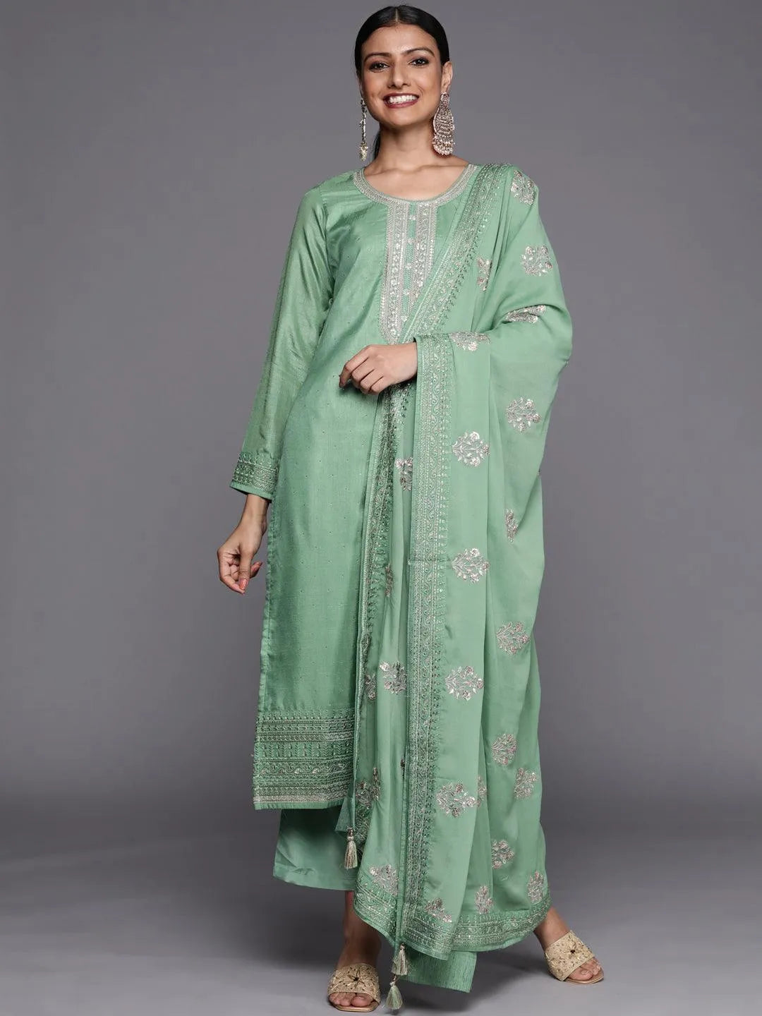 Green Embroidered Silk Blend Straight Suit Set - Libas 