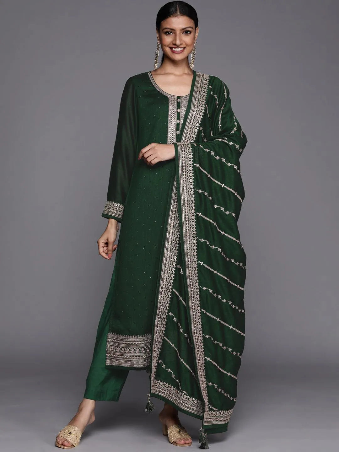 Green Embroidered Silk Blend Straight Suit Set - Libas