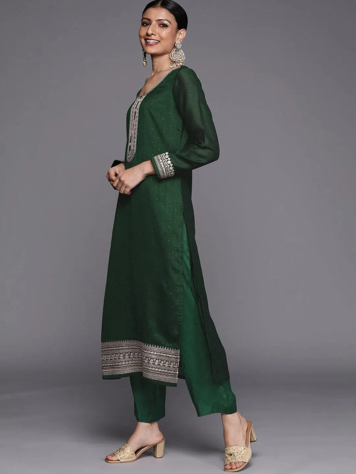 Green Embroidered Silk Blend Straight Suit Set - Libas