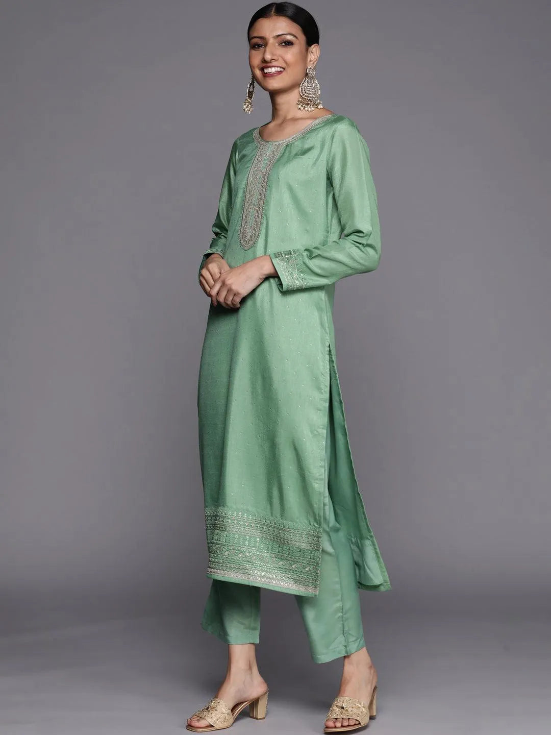 Green Embroidered Silk Blend Straight Suit Set - Libas