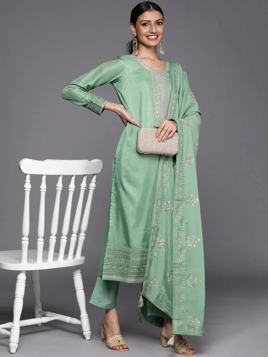 Green Embroidered Silk Blend Straight Suit Set - Libas