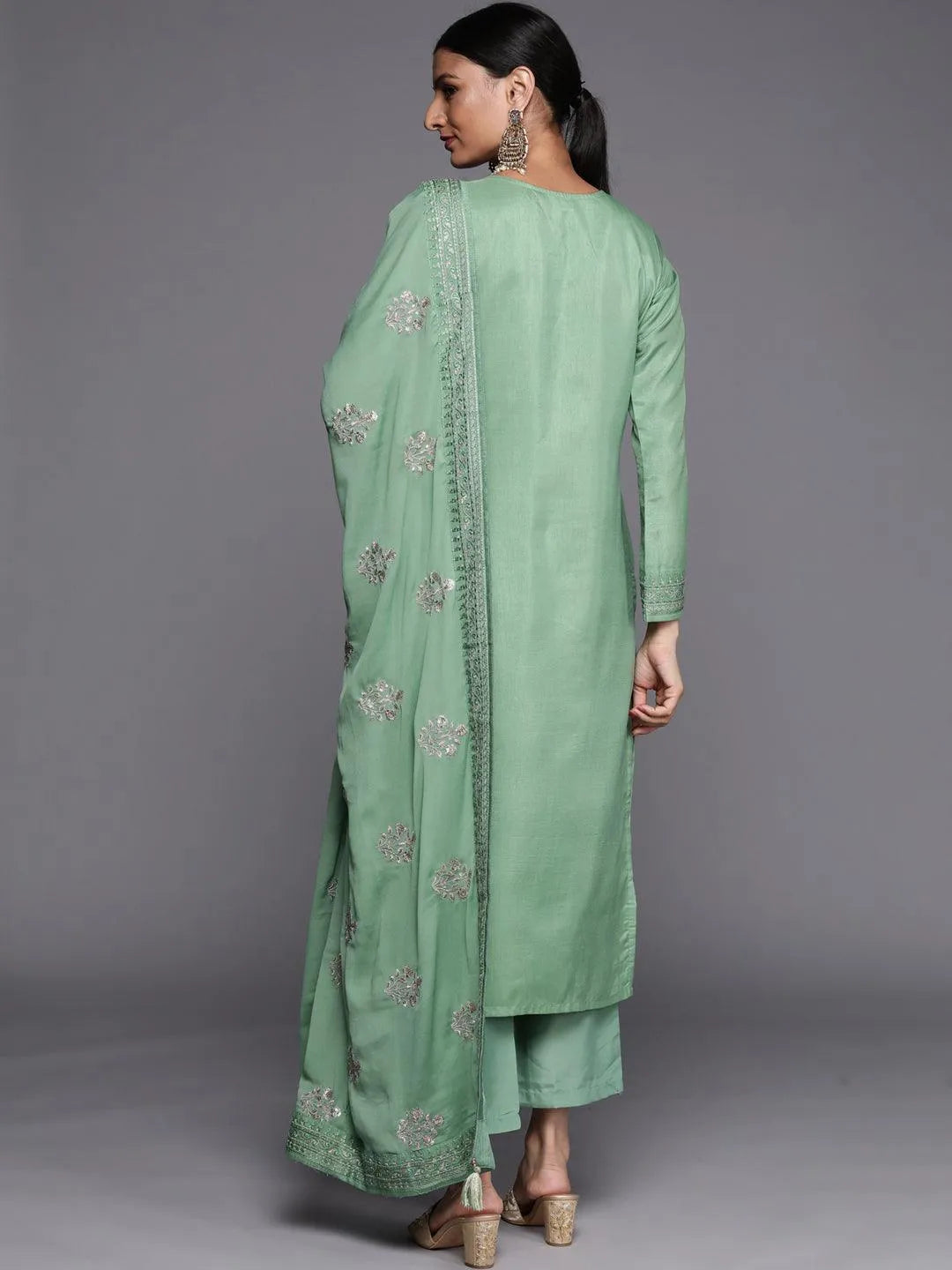 Green Embroidered Silk Blend Straight Suit Set - Libas 