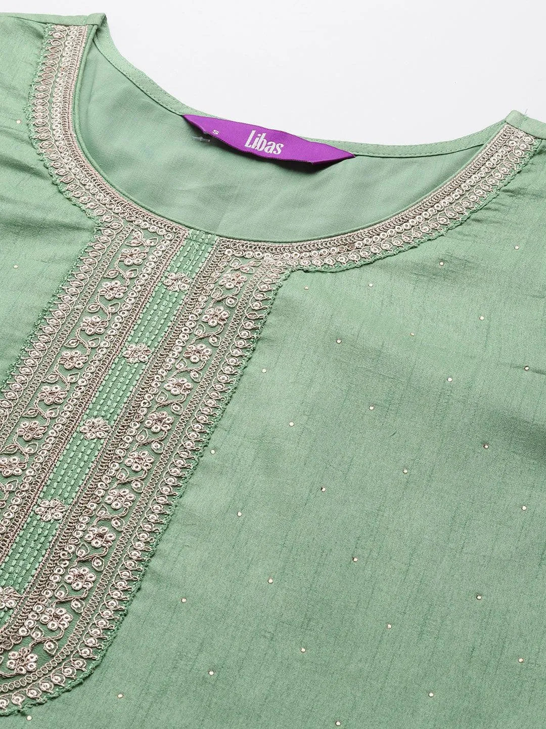 Green Embroidered Silk Blend Straight Suit Set - Libas 