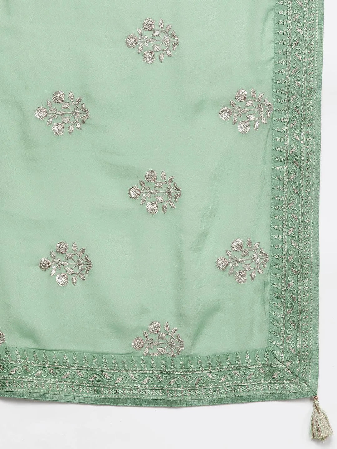 Green Embroidered Silk Blend Straight Suit Set - Libas 